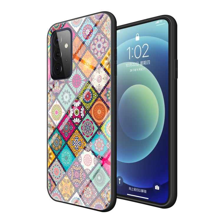 For Samsung Galaxy A72 5G Painted Ethnic Pattern Tempered Glass TPU Shockproof Case with Folding Magnetic Holder & Neck Strap