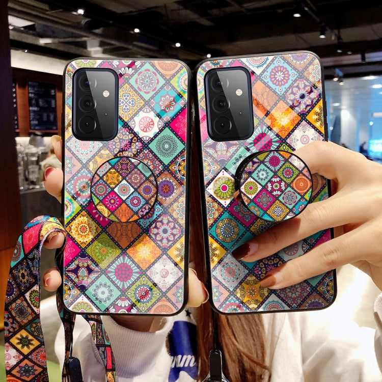 For Samsung Galaxy A72 5G Painted Ethnic Pattern Tempered Glass TPU Shockproof Case with Folding Magnetic Holder & Neck Strap
