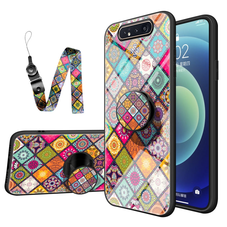 For Samsung Galaxy A80 / A90 Painted Ethnic Pattern Tempered Glass TPU Shockproof Case with Folding Magnetic Holder & Neck Strap