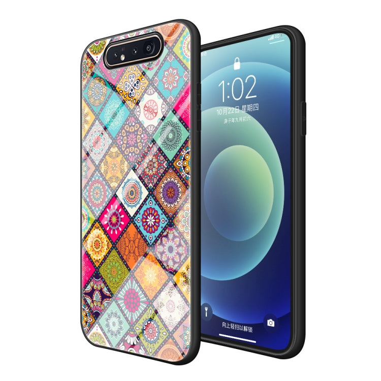 For Samsung Galaxy A80 / A90 Painted Ethnic Pattern Tempered Glass TPU Shockproof Case with Folding Magnetic Holder & Neck Strap
