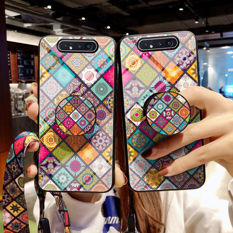 For Samsung Galaxy A80 / A90 Painted Ethnic Pattern Tempered Glass TPU Shockproof Case with Folding Magnetic Holder & Neck Strap