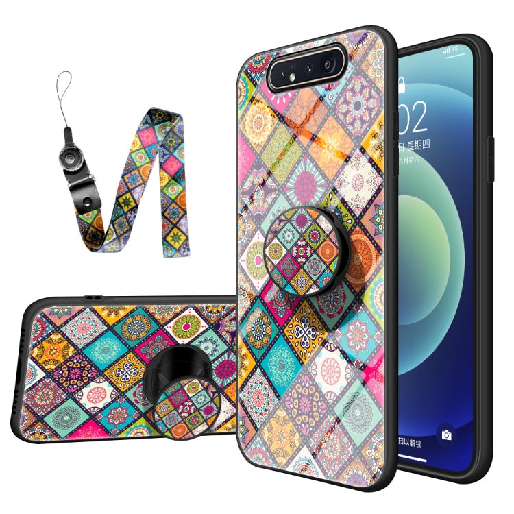 For Samsung Galaxy A80 / A90 Painted Ethnic Pattern Tempered Glass TPU Shockproof Case with Folding Magnetic Holder & Neck Strap