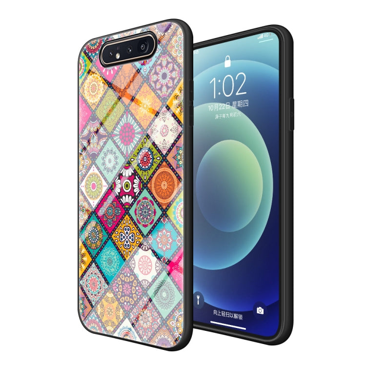 For Samsung Galaxy A80 / A90 Painted Ethnic Pattern Tempered Glass TPU Shockproof Case with Folding Magnetic Holder & Neck Strap