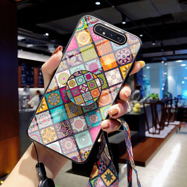 For Samsung Galaxy A80 / A90 Painted Ethnic Pattern Tempered Glass TPU Shockproof Case with Folding Magnetic Holder & Neck Strap
