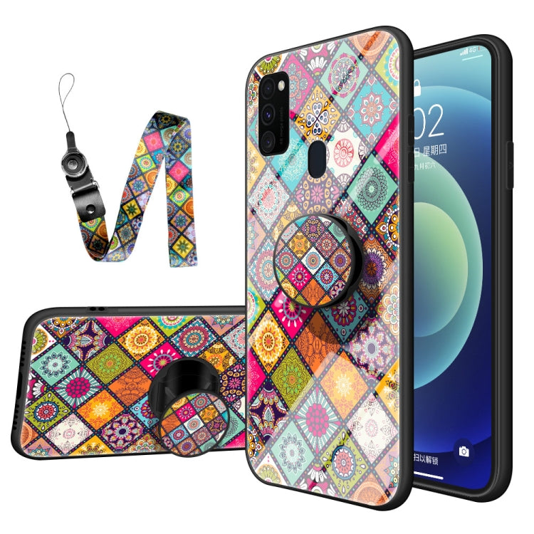 For Samsung Galaxy M21 / M30s Painted Ethnic Pattern Tempered Glass TPU Shockproof Case with Folding Magnetic Holder & Neck Strap