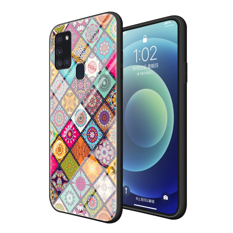 For Samsung Galaxy M31 Painted Ethnic Pattern Tempered Glass TPU Shockproof Case with Folding Magnetic Holder & Neck Strap