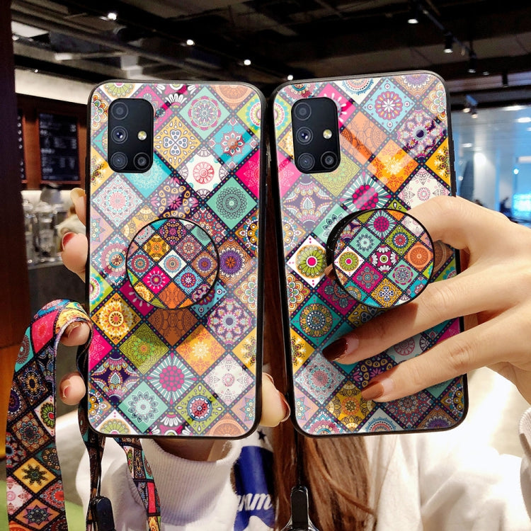For Samsung Galaxy M31s Painted Ethnic Pattern Tempered Glass TPU Shockproof Case with Folding Magnetic Holder & Neck Strap