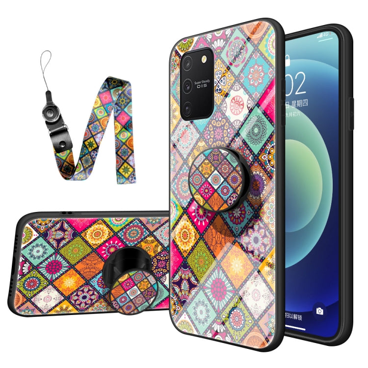 For Samsung Galaxy M80s / S10 Lite / A91 Painted Ethnic Pattern Tempered Glass TPU Shockproof Case with Folding Magnetic Holder & Neck Strap