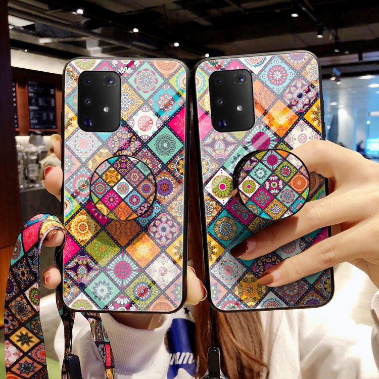 For Samsung Galaxy M80s / S10 Lite / A91 Painted Ethnic Pattern Tempered Glass TPU Shockproof Case with Folding Magnetic Holder & Neck Strap