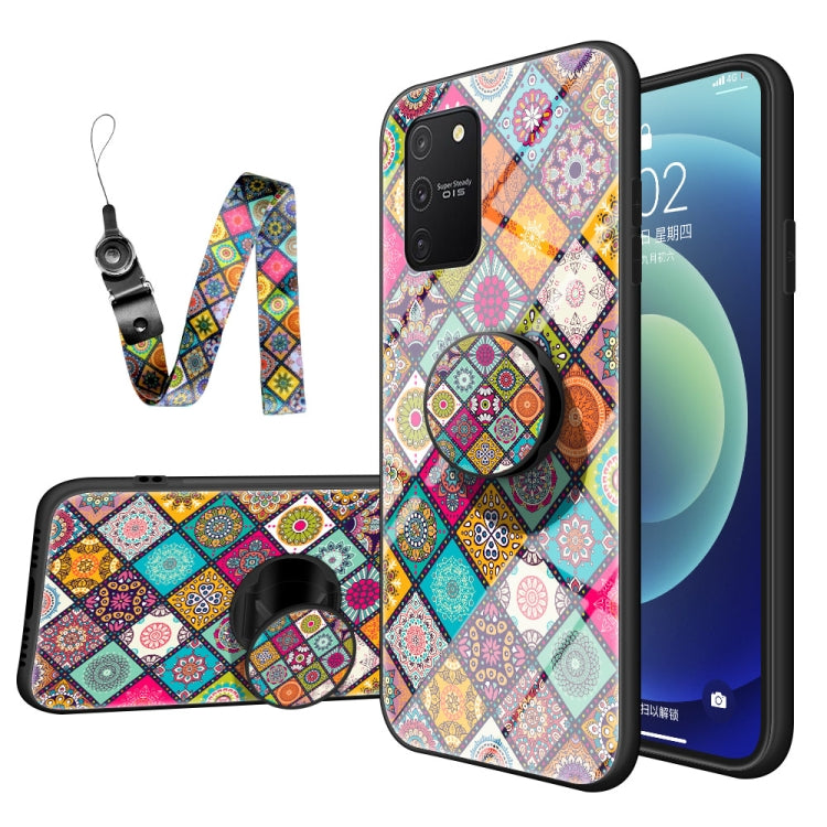 For Samsung Galaxy M80s / S10 Lite / A91 Painted Ethnic Pattern Tempered Glass TPU Shockproof Case with Folding Magnetic Holder & Neck Strap