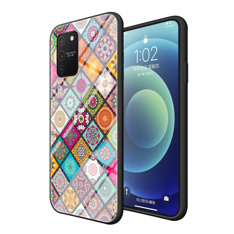 For Samsung Galaxy M80s / S10 Lite / A91 Painted Ethnic Pattern Tempered Glass TPU Shockproof Case with Folding Magnetic Holder & Neck Strap