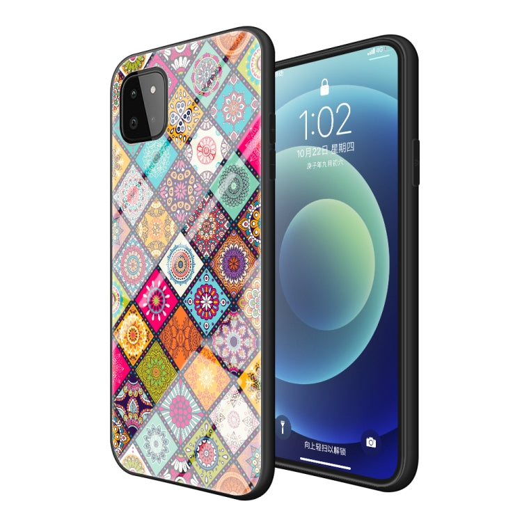 For Samsung Galaxy A22 Painted Ethnic Pattern Tempered Glass TPU Shockproof Case with Folding Magnetic Holder & Neck Strap