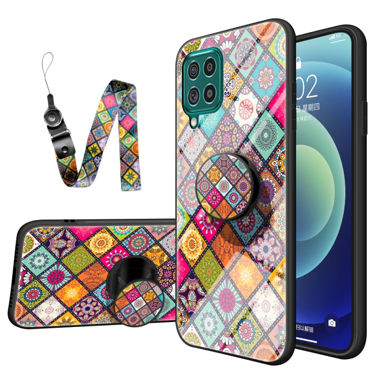 For Samsung Galaxy F62 Painted Ethnic Pattern Tempered Glass TPU Shockproof Case with Folding Magnetic Holder & Neck Strap