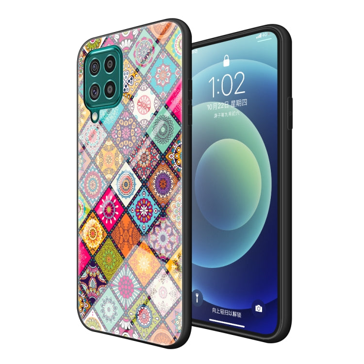 For Samsung Galaxy F62 Painted Ethnic Pattern Tempered Glass TPU Shockproof Case with Folding Magnetic Holder & Neck Strap