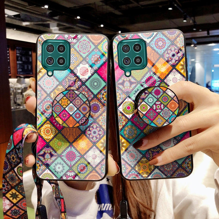 For Samsung Galaxy F62 Painted Ethnic Pattern Tempered Glass TPU Shockproof Case with Folding Magnetic Holder & Neck Strap
