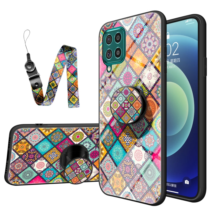 For Samsung Galaxy F62 Painted Ethnic Pattern Tempered Glass TPU Shockproof Case with Folding Magnetic Holder & Neck Strap