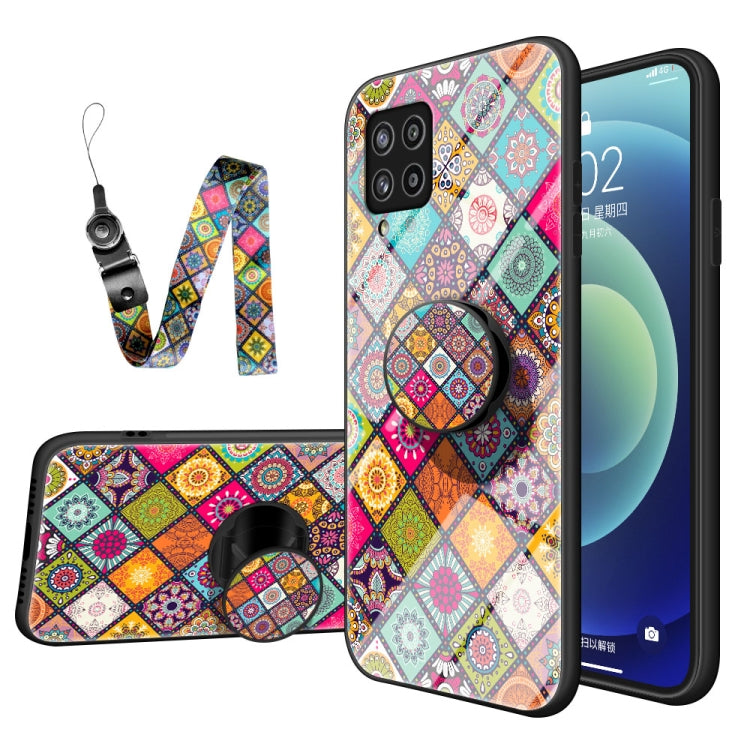 For Samsung Galaxy M42 5G Painted Ethnic Pattern Tempered Glass TPU Shockproof Case with Folding Magnetic Holder & Neck Strap