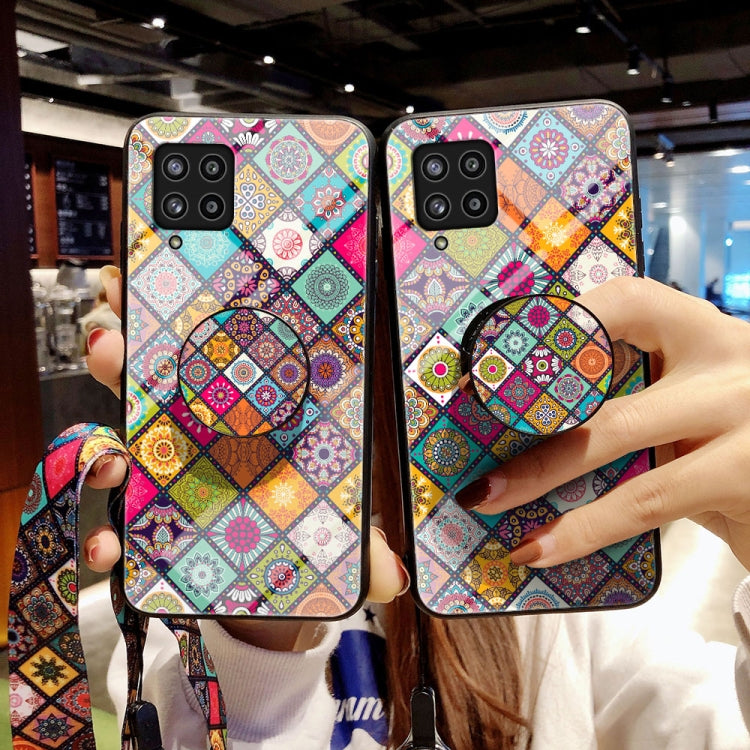 For Samsung Galaxy M42 5G Painted Ethnic Pattern Tempered Glass TPU Shockproof Case with Folding Magnetic Holder & Neck Strap