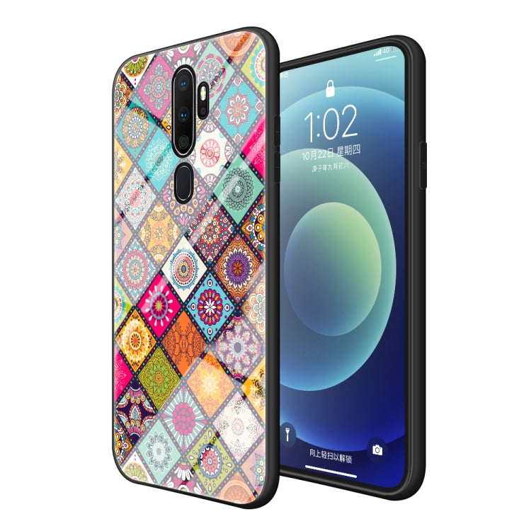 For OPPO A9 2020 / A5 2020 Painted Ethnic Pattern Tempered Glass TPU Shockproof Case with Folding Magnetic Holder & Neck Strap