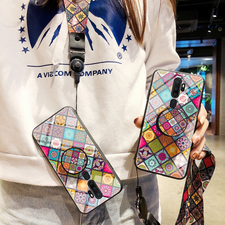 For OPPO A9 2020 / A5 2020 Painted Ethnic Pattern Tempered Glass TPU Shockproof Case with Folding Magnetic Holder & Neck Strap