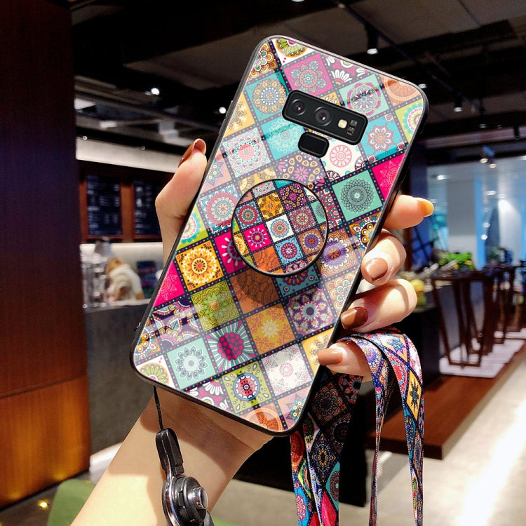 For Samsung Galaxy Note9 Painted Ethnic Pattern Tempered Glass TPU Shockproof Case with Folding Magnetic Holder & Neck Strap