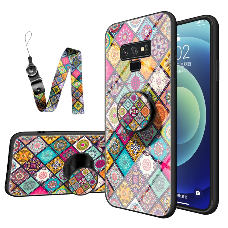 For Samsung Galaxy Note9 Painted Ethnic Pattern Tempered Glass TPU Shockproof Case with Folding Magnetic Holder & Neck Strap