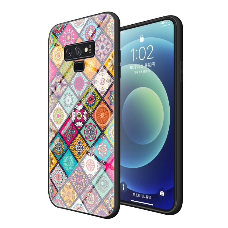 For Samsung Galaxy Note9 Painted Ethnic Pattern Tempered Glass TPU Shockproof Case with Folding Magnetic Holder & Neck Strap