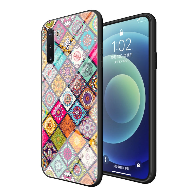 For Samsung Galaxy Note10 Painted Ethnic Pattern Tempered Glass TPU Shockproof Case with Folding Magnetic Holder & Neck Strap