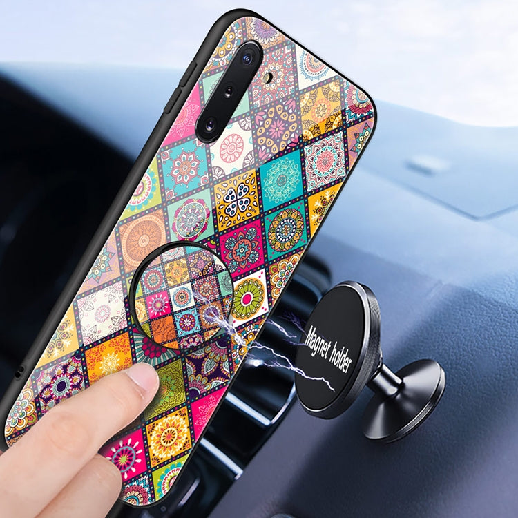 For Samsung Galaxy Note10 Painted Ethnic Pattern Tempered Glass TPU Shockproof Case with Folding Magnetic Holder & Neck Strap