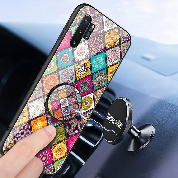 For Samsung Galaxy Note10+ Painted Ethnic Pattern Tempered Glass TPU Shockproof Case with Folding Magnetic Holder & Neck Strap