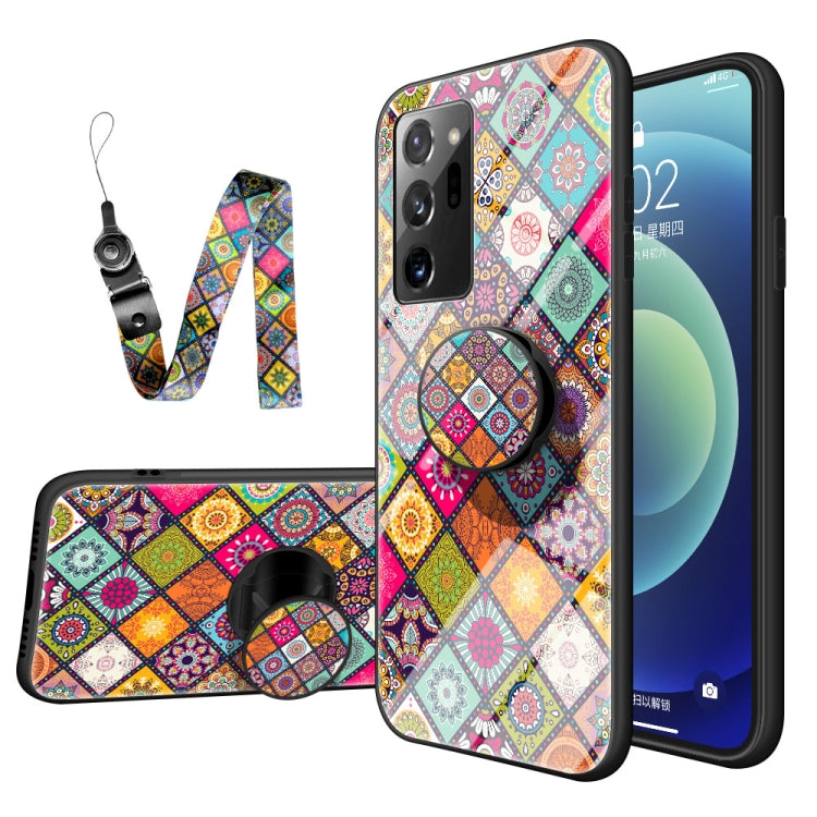 For Samsung Galaxy Note20 Painted Ethnic Pattern Tempered Glass TPU Shockproof Case with Folding Magnetic Holder & Neck Strap