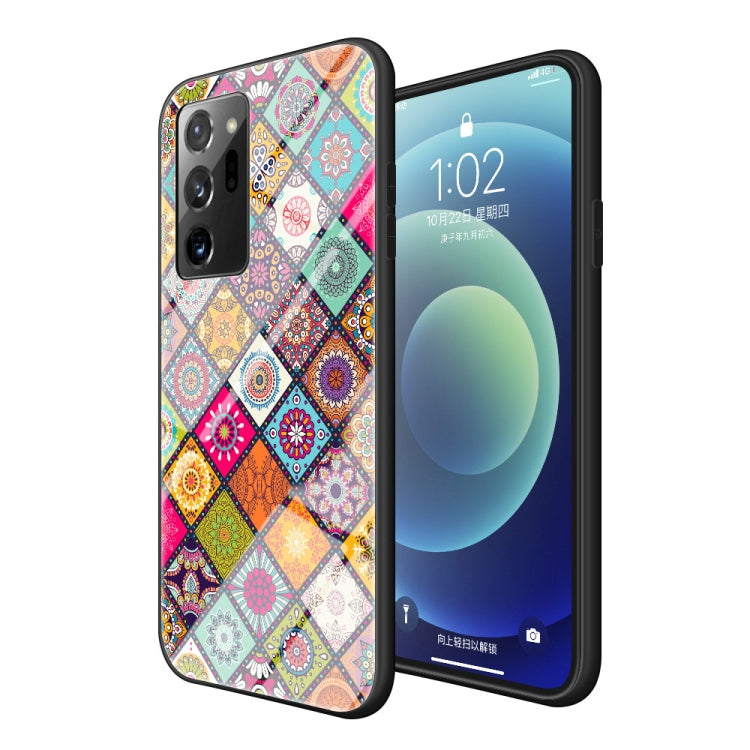 For Samsung Galaxy Note20 Painted Ethnic Pattern Tempered Glass TPU Shockproof Case with Folding Magnetic Holder & Neck Strap
