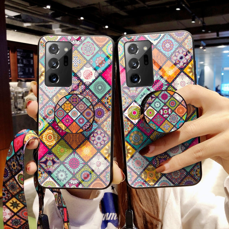 For Samsung Galaxy Note20 Painted Ethnic Pattern Tempered Glass TPU Shockproof Case with Folding Magnetic Holder & Neck Strap