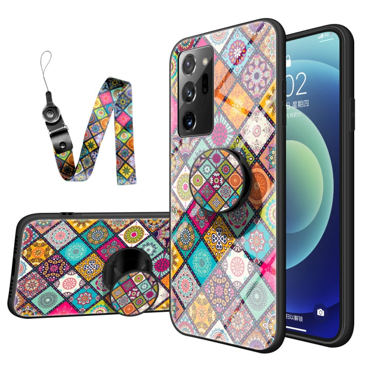 For Samsung Galaxy Note20 Painted Ethnic Pattern Tempered Glass TPU Shockproof Case with Folding Magnetic Holder & Neck Strap