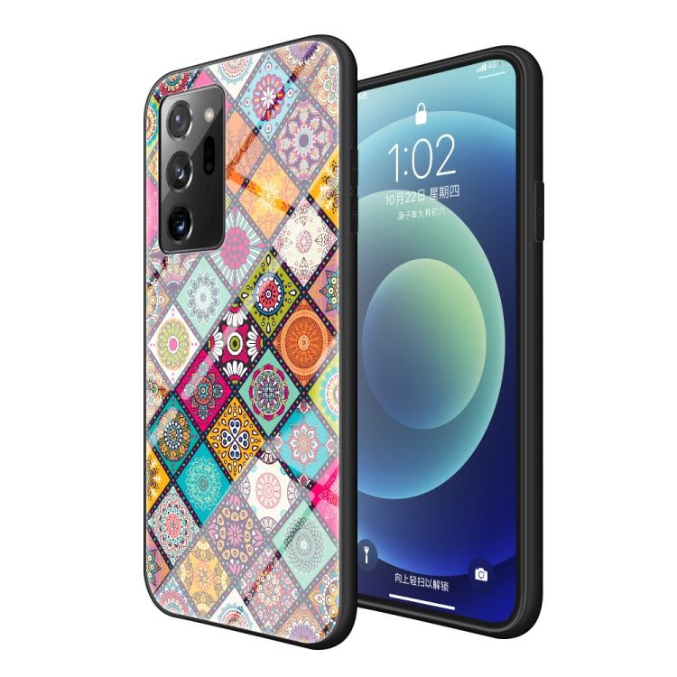 For Samsung Galaxy Note20 Painted Ethnic Pattern Tempered Glass TPU Shockproof Case with Folding Magnetic Holder & Neck Strap