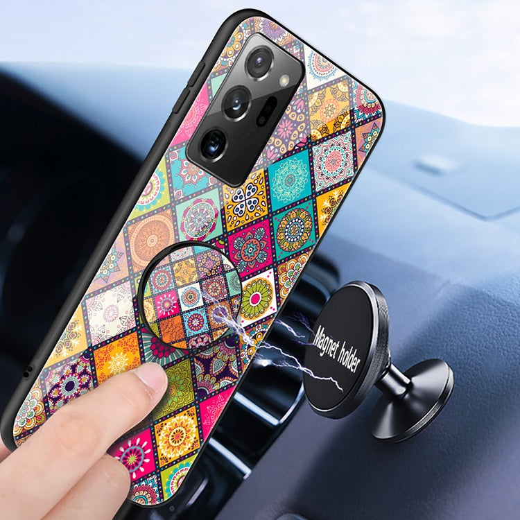 For Samsung Galaxy Note20 Painted Ethnic Pattern Tempered Glass TPU Shockproof Case with Folding Magnetic Holder & Neck Strap