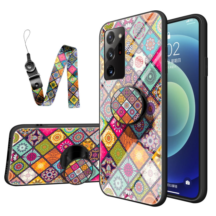 For Samsung Galaxy Note20 Ultra Painted Ethnic Pattern Tempered Glass TPU Shockproof Case with Folding Magnetic Holder & Neck Strap