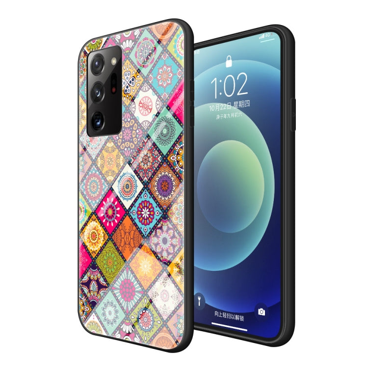 For Samsung Galaxy Note20 Ultra Painted Ethnic Pattern Tempered Glass TPU Shockproof Case with Folding Magnetic Holder & Neck Strap
