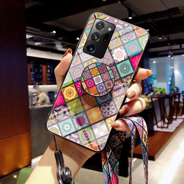 For Samsung Galaxy Note20 Ultra Painted Ethnic Pattern Tempered Glass TPU Shockproof Case with Folding Magnetic Holder & Neck Strap