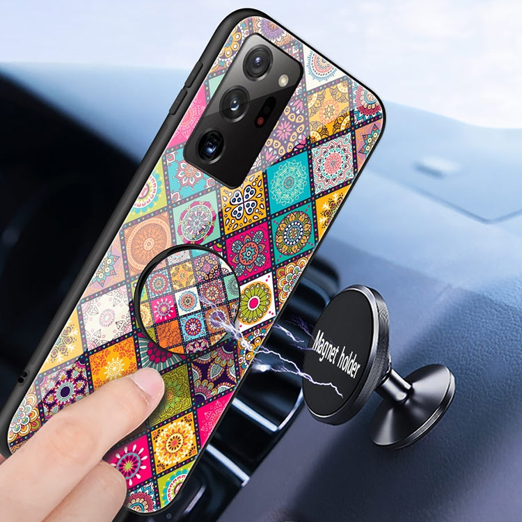 For Samsung Galaxy Note20 Ultra Painted Ethnic Pattern Tempered Glass TPU Shockproof Case with Folding Magnetic Holder & Neck Strap