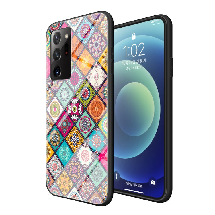 For Samsung Galaxy Note20 Ultra Painted Ethnic Pattern Tempered Glass TPU Shockproof Case with Folding Magnetic Holder & Neck Strap