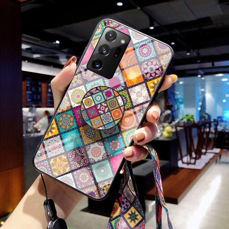 For Samsung Galaxy Note20 Ultra Painted Ethnic Pattern Tempered Glass TPU Shockproof Case with Folding Magnetic Holder & Neck Strap