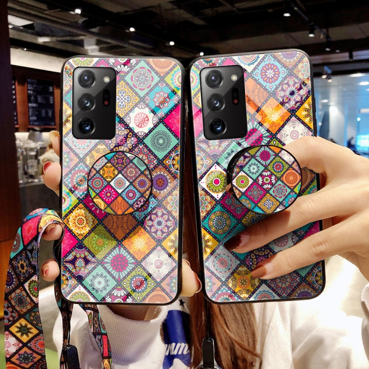 For Samsung Galaxy Note20 Ultra Painted Ethnic Pattern Tempered Glass TPU Shockproof Case with Folding Magnetic Holder & Neck Strap