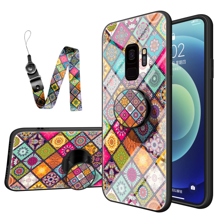 For Samsung Galaxy S9 Painted Ethnic Pattern Tempered Glass TPU Shockproof Case with Folding Magnetic Holder & Neck Strap