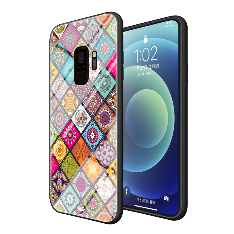 For Samsung Galaxy S9 Painted Ethnic Pattern Tempered Glass TPU Shockproof Case with Folding Magnetic Holder & Neck Strap