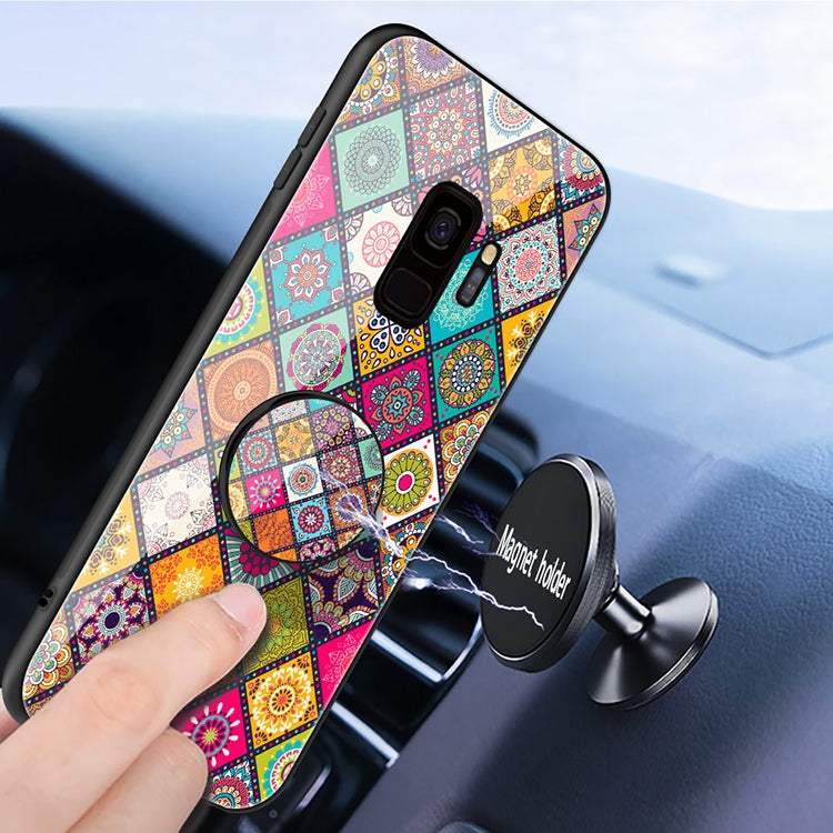 For Samsung Galaxy S9 Painted Ethnic Pattern Tempered Glass TPU Shockproof Case with Folding Magnetic Holder & Neck Strap