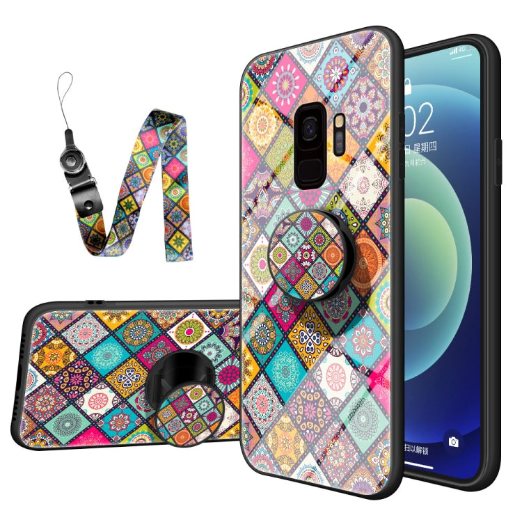 For Samsung Galaxy S9 Painted Ethnic Pattern Tempered Glass TPU Shockproof Case with Folding Magnetic Holder & Neck Strap