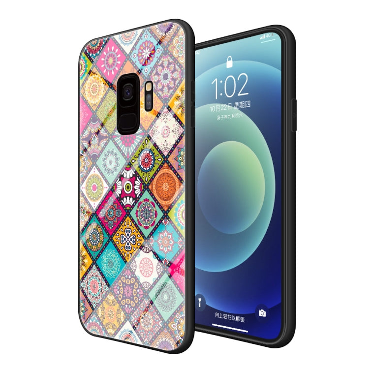 For Samsung Galaxy S9 Painted Ethnic Pattern Tempered Glass TPU Shockproof Case with Folding Magnetic Holder & Neck Strap