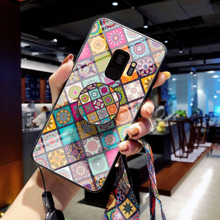 For Samsung Galaxy S9 Painted Ethnic Pattern Tempered Glass TPU Shockproof Case with Folding Magnetic Holder & Neck Strap