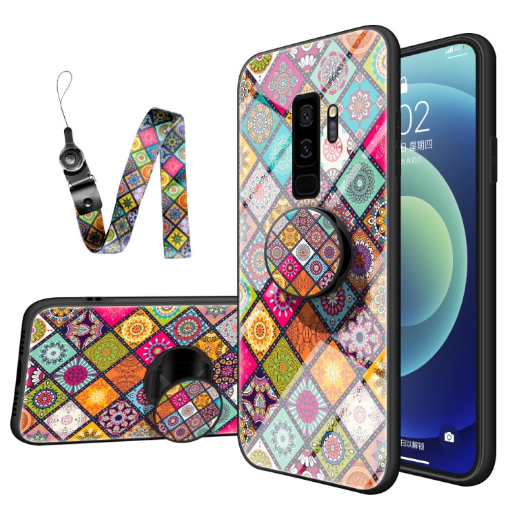 For Samsung Galaxy S9+ Painted Ethnic Pattern Tempered Glass TPU Shockproof Case with Folding Magnetic Holder & Neck Strap